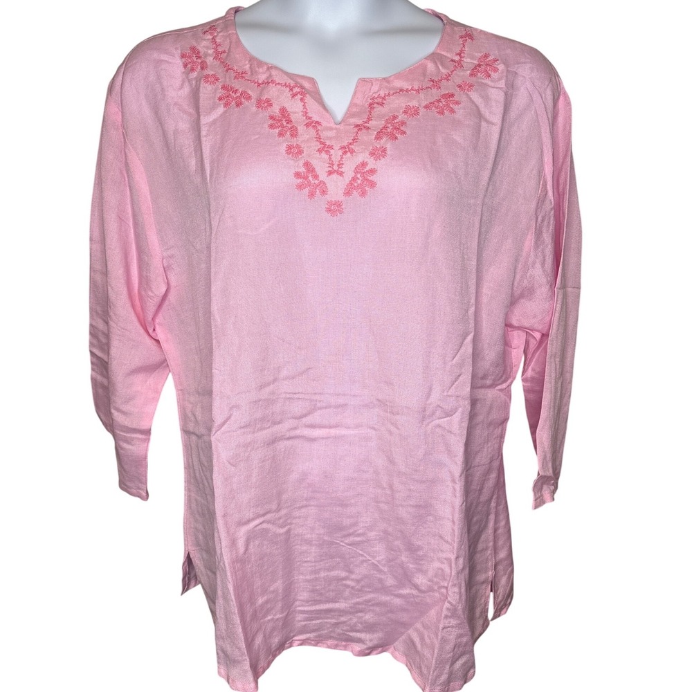 Uniti Casuals Pink Linen Blend Embroidered Tunic Top 3X Boho Coastal Breezy